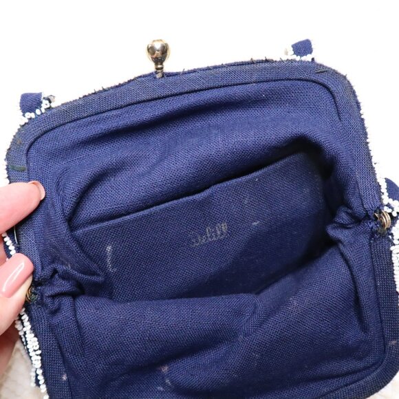 Vintage Beaded Evening Bag: Navy Blue Floral Handbag, Rhinestone Clasp - Picture 9 of 11